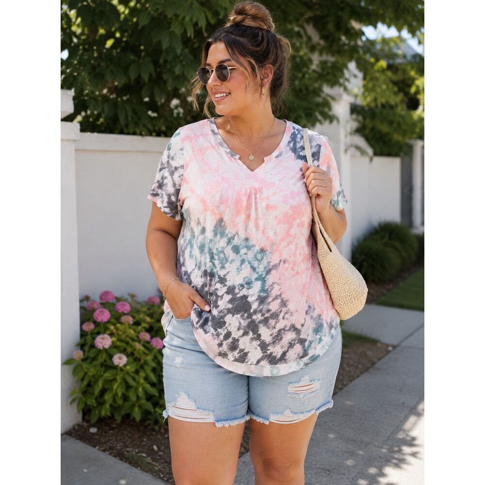 Talulah Split Neck Tee Tie Dye 1X U-shaped Hem Flowy